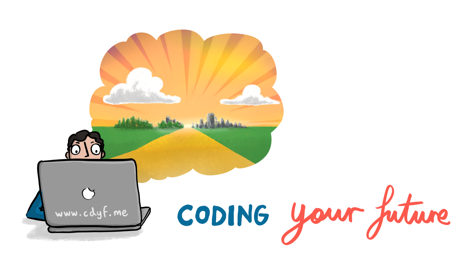 Coding your Future is a guidebook to help students design, build, test and code their futures in computing, see www.cdyf.me. Coding your Future illustration by Visual Thinkery is licensed under CC-BY-ND