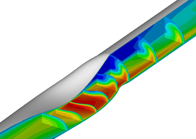 Axial velocity contours in flow through an elastic tube
at Re=550