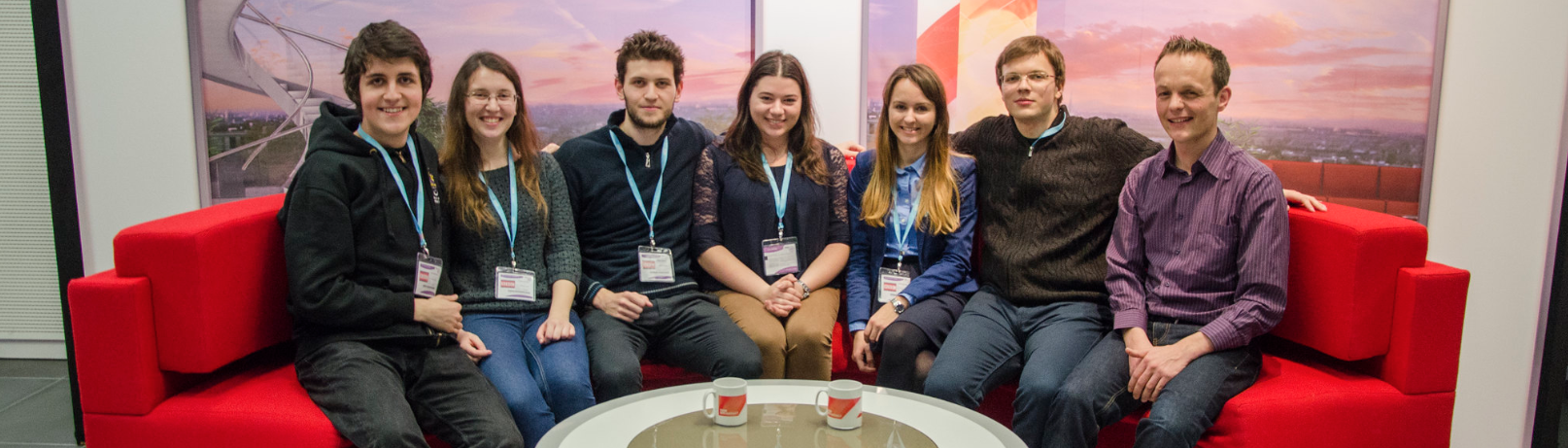 Posing on the BBC Breakfast red sofa with the winning team of the BBC / Barclays University Technology Challenge (UTC) in MediaCityUK, Salford