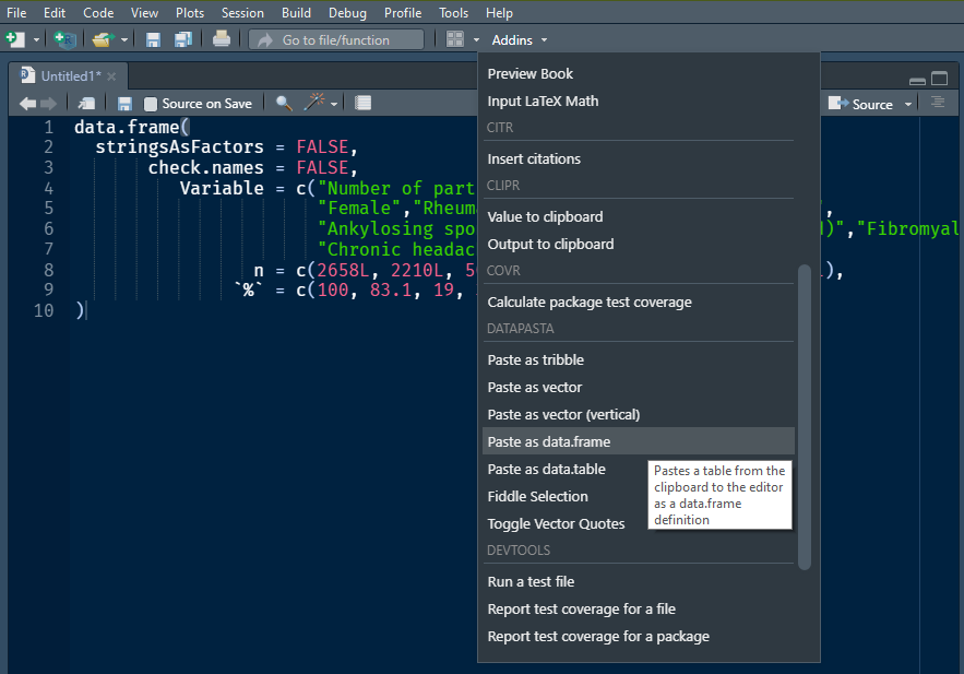 Screenshot of the datapasta RStudio addin