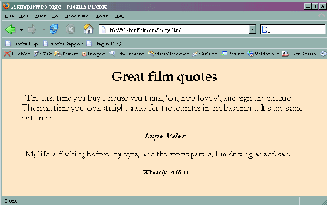 Screen shot: film quotes page in 'antiquarian' style