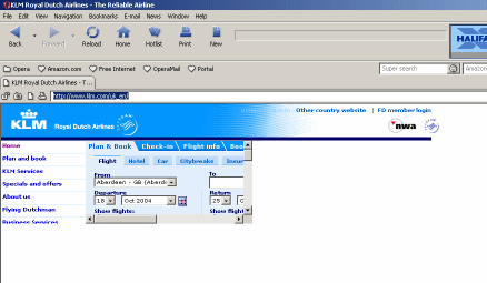 Screen shot of KLM site in Opera (incomplete page, non-functional links)