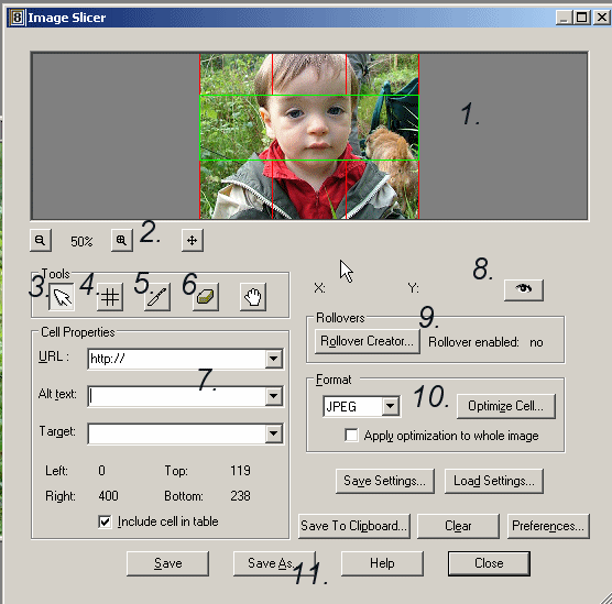 Screen shot: Image slicer in PSP8 with numbered references