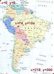 Image: the map of S. America with a single point and its co-ordinates highlighted