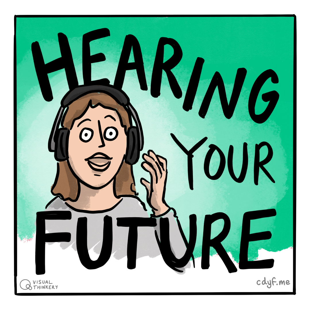 Hearing your future is the Coding your Future podcast. Subscribe and listen wherever you get your podcasts, see section 5.2. Hearing sketch by Visual Thinkery is licensed under CC-BY-ND