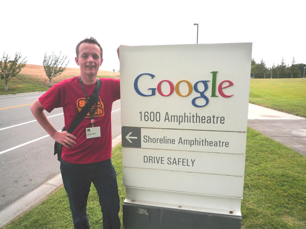 Posing outside the Googleplex in California. Thanks to Andrew Lang for taking this picture during Science Foo Camp back in the more optimistic days of 2009 before we wanted to wrestle computation back from Big Tech. (Doctorow 2023)