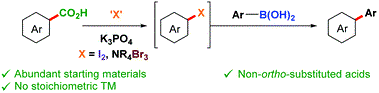 Cover image for Decarboxylative Suzuki–Miyaura coupling of (hetero)aromatic carboxylic acids using iodine as the terminal oxidant