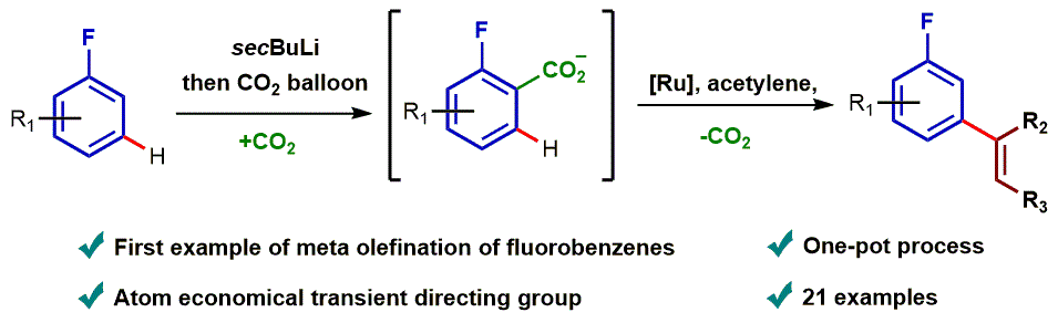 Cover image for meta-Selective olefination of fluoroarenes with alkynes using CO2 as a traceless directing group