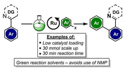 Cover image for Improving the sustainability of the ruthenium-catalysed N-directed C–H arylation of arenes with aryl halides