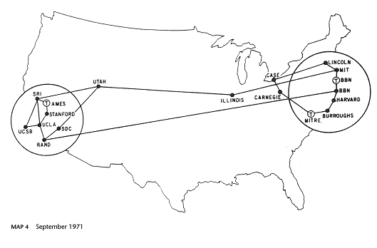 Geographic map of ARPANET, Sept. 1971 - click for larger version
