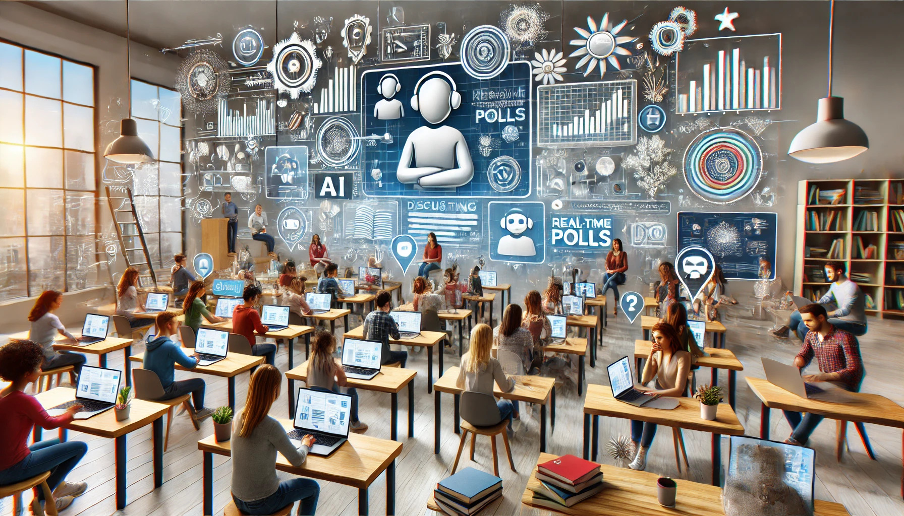 This image captures a vibrant and interactive online learning environment, integrating both digital and in-person elements to highlight the hybrid learning approach.