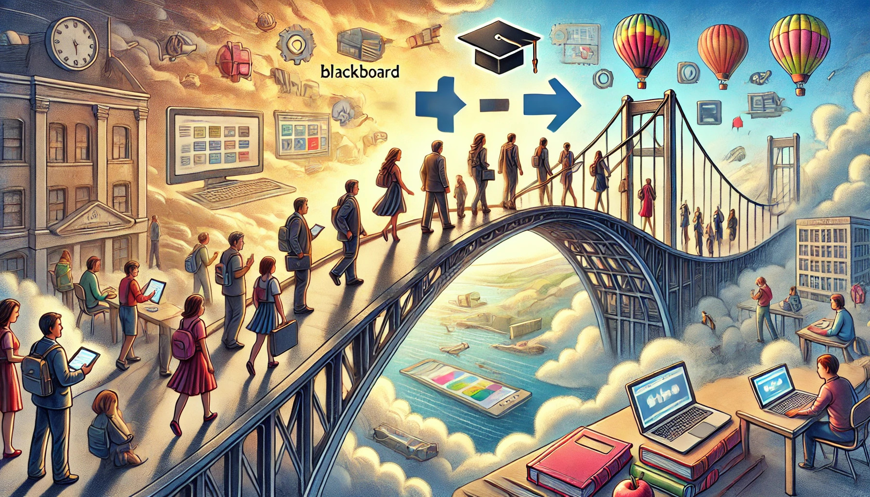 Illustration of a metaphorical bridge connecting Blackboard and Canvas LMS, with educators and students crossing while carrying books and digital devices, symbolizing the transition to a modern learning platform.