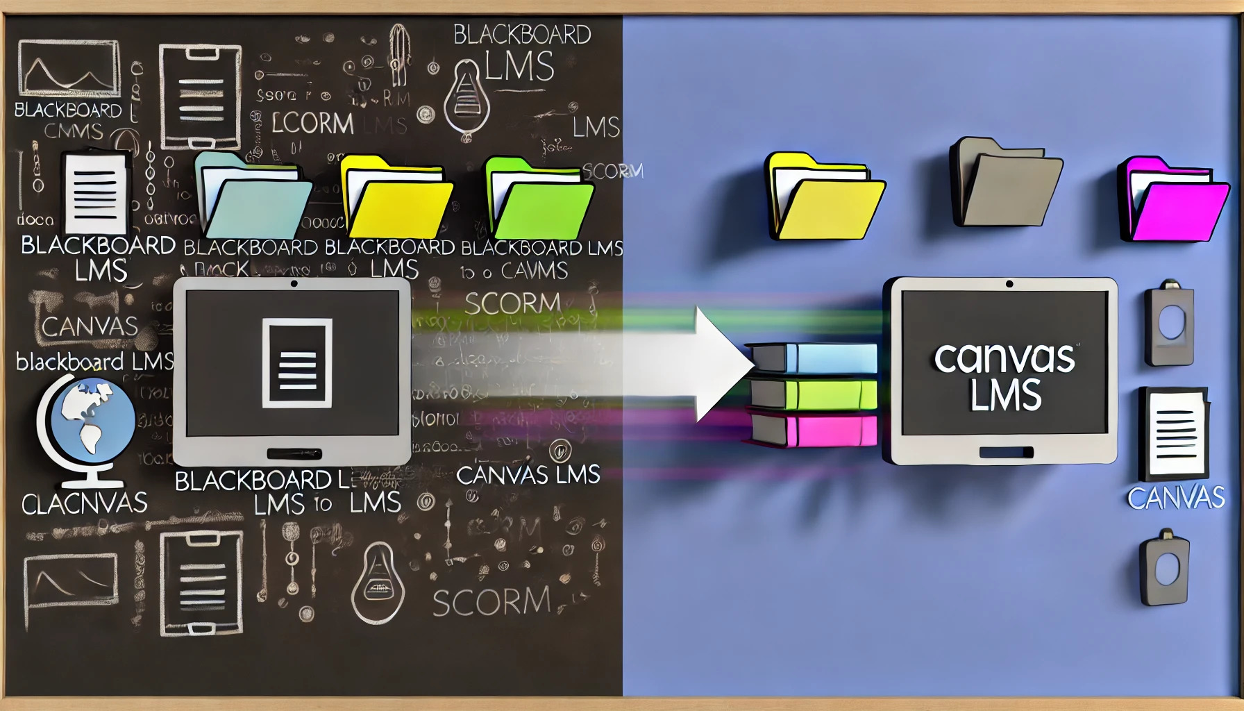 An illustration showing the transition of content from Blackboard LMS to Canvas LMS.