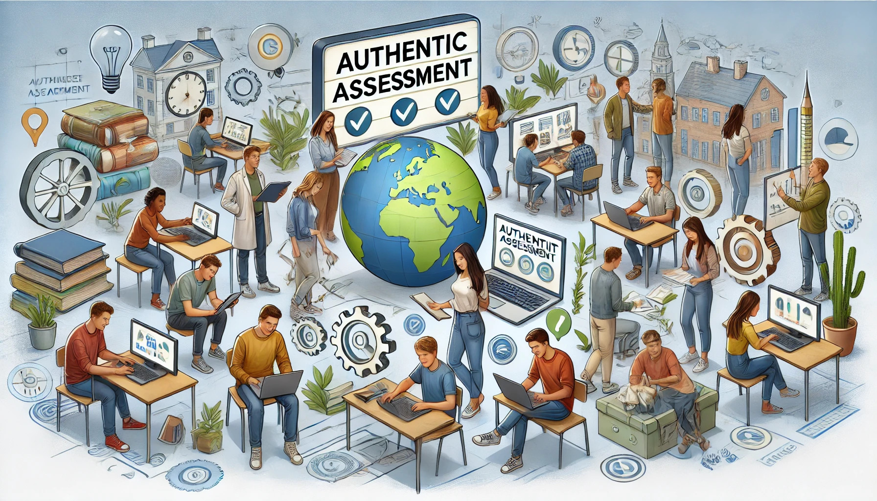 Illustration of students engaged in authentic assessment activities, including role-playing, working on projects, and solving practical problems, with online and distance learning elements.
