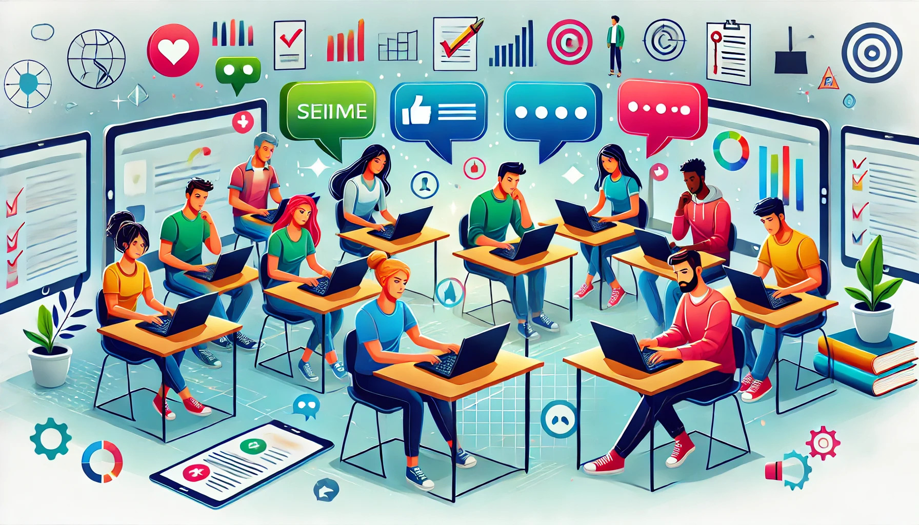 Illustration of students participating in online peer feedback, using laptops and tablets in a virtual learning environment.