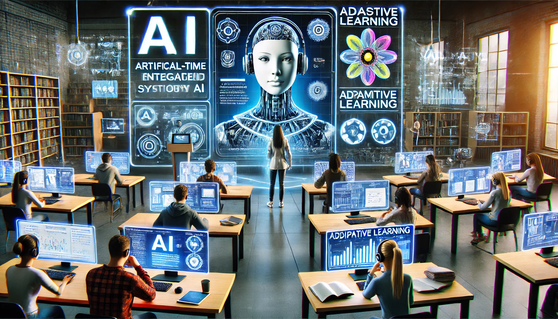 A futuristic digital classroom where AI-powered tutoring systems assist students on large interactive screens. An AI virtual assistant provides real-time feedback, while an adaptive learning system personalizes coursework. A professor monitors AI-generated analytics on a tablet, highlighting the integration of artificial intelligence in online learning.