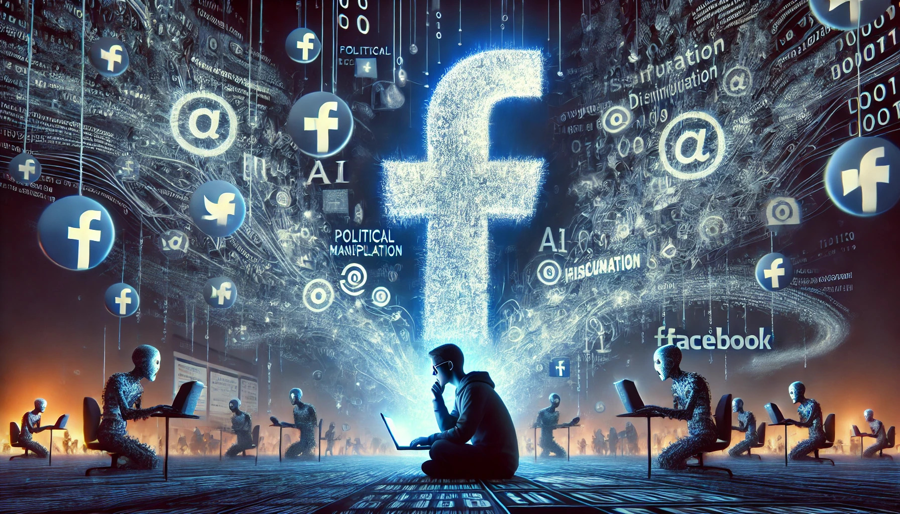A digital illustration depicting the battle for truth in the digital age. A large Facebook logo is partially obscured by swirling streams of disinformation represented as chaotic, fragmented text and binary code. In the foreground, a person wearing glasses is illuminated by the glow of a laptop screen, looking at social media with a skeptical expression. Surrounding them are ghostly figures symbolizing misinformation agents, such as political manipulators and AI-driven bots. The atmosphere is dark with a subtle blue hue, reflecting themes of digital surveillance and algorithmic control.