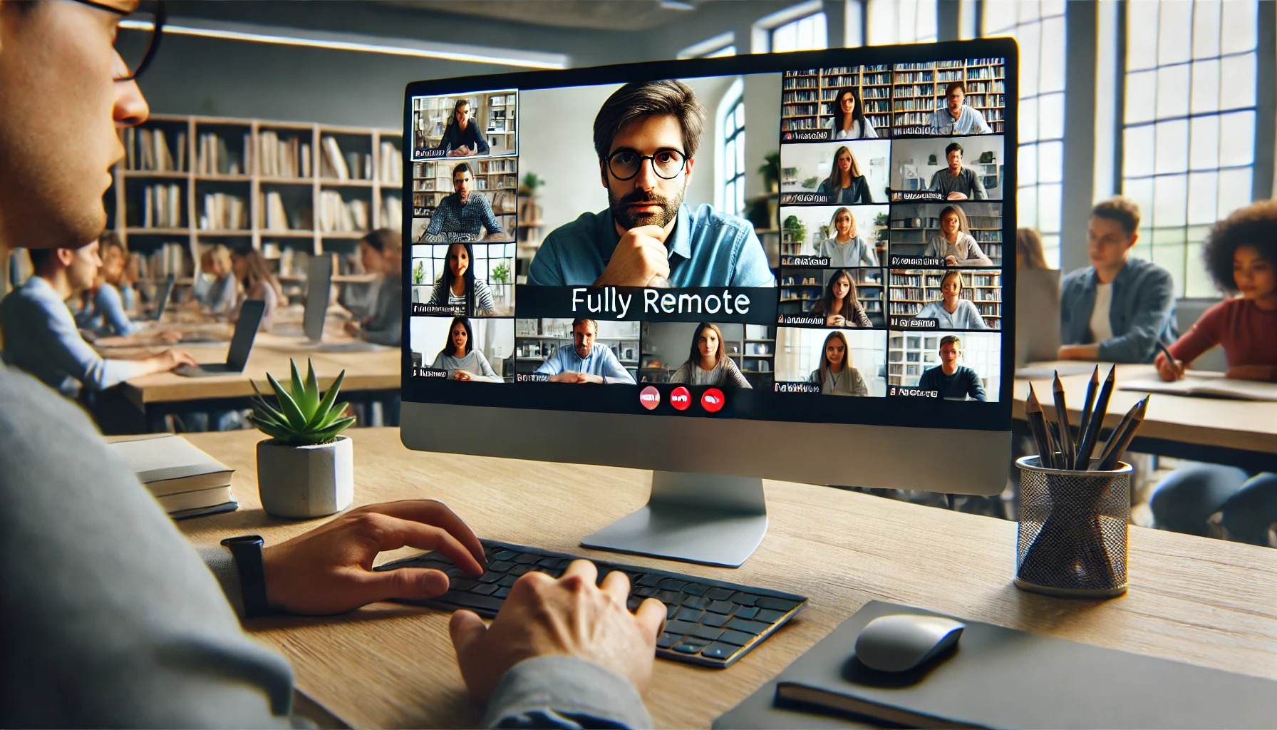 A fully remote online learning environment with a university lecturer on screen, teaching students who are individually participating via video call from separate locations.