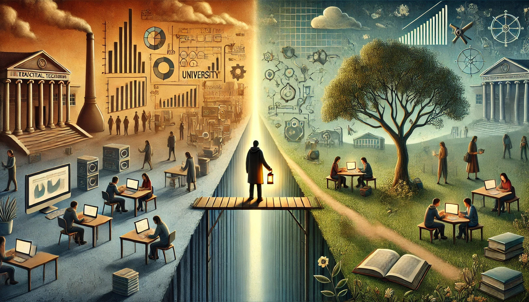 "A digital artwork showing an educational technologist standing on a narrow bridge between two contrasting landscapes—on the left, a cold institutional environment with data and surveillance; on the right, a warm, collaborative learning space with students and nature. The technologist holds a glowing lantern, symbolising guidance and resistance."
