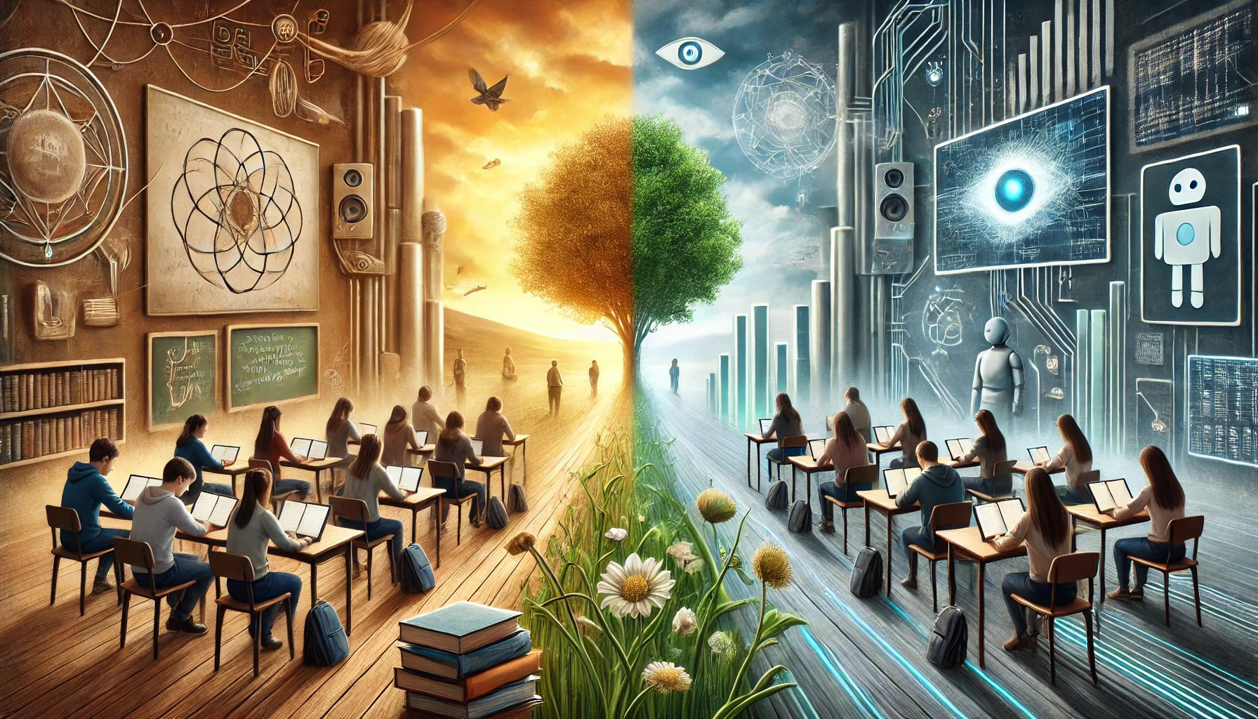 A symbolic image contrasting warm, human-centred learning with a cold, AI-driven environment, divided by a branching path representing choice and educational agency.