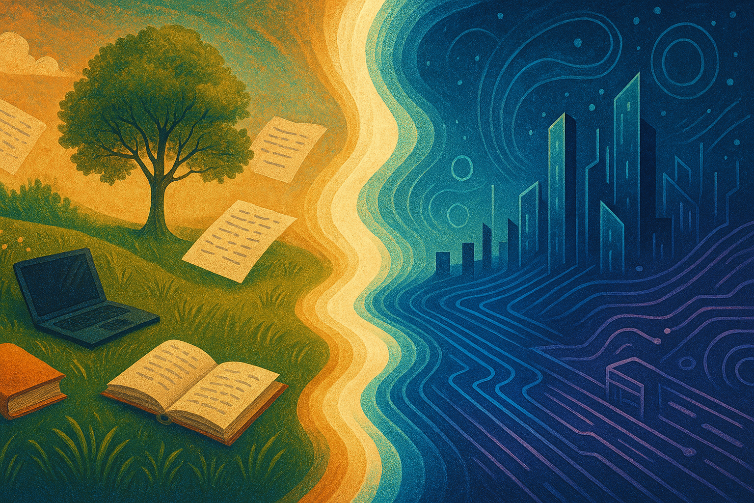 A dreamlike, symmetrical digital landscape contrasting nature and books on one side with futuristic cityscapes and circuits on the other, divided by a glowing river of light.