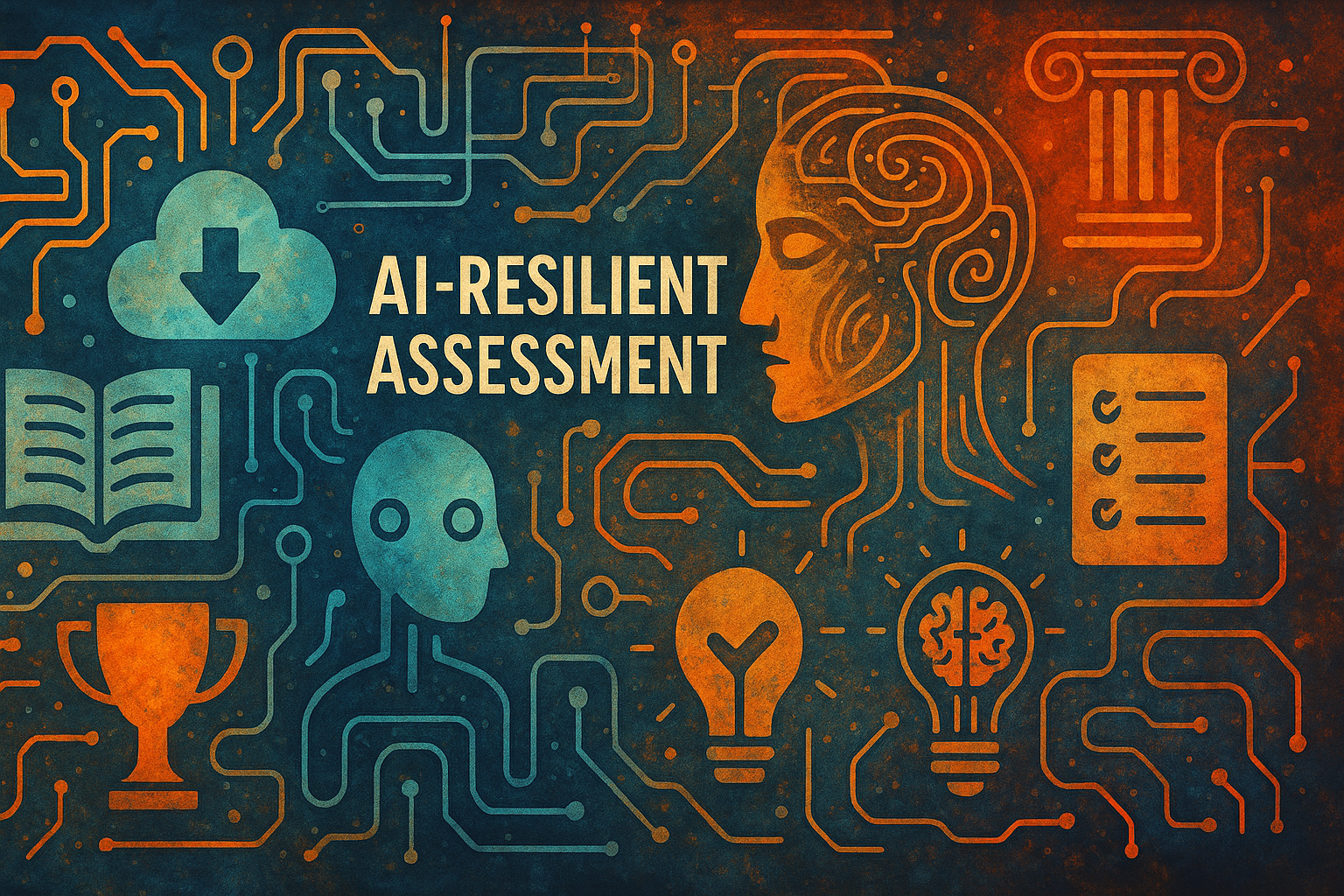 Abstract digital artwork illustrating AI-resilient assessment, featuring human and robot silhouettes, books, and circuitry in warm and cool tones with a textured background.