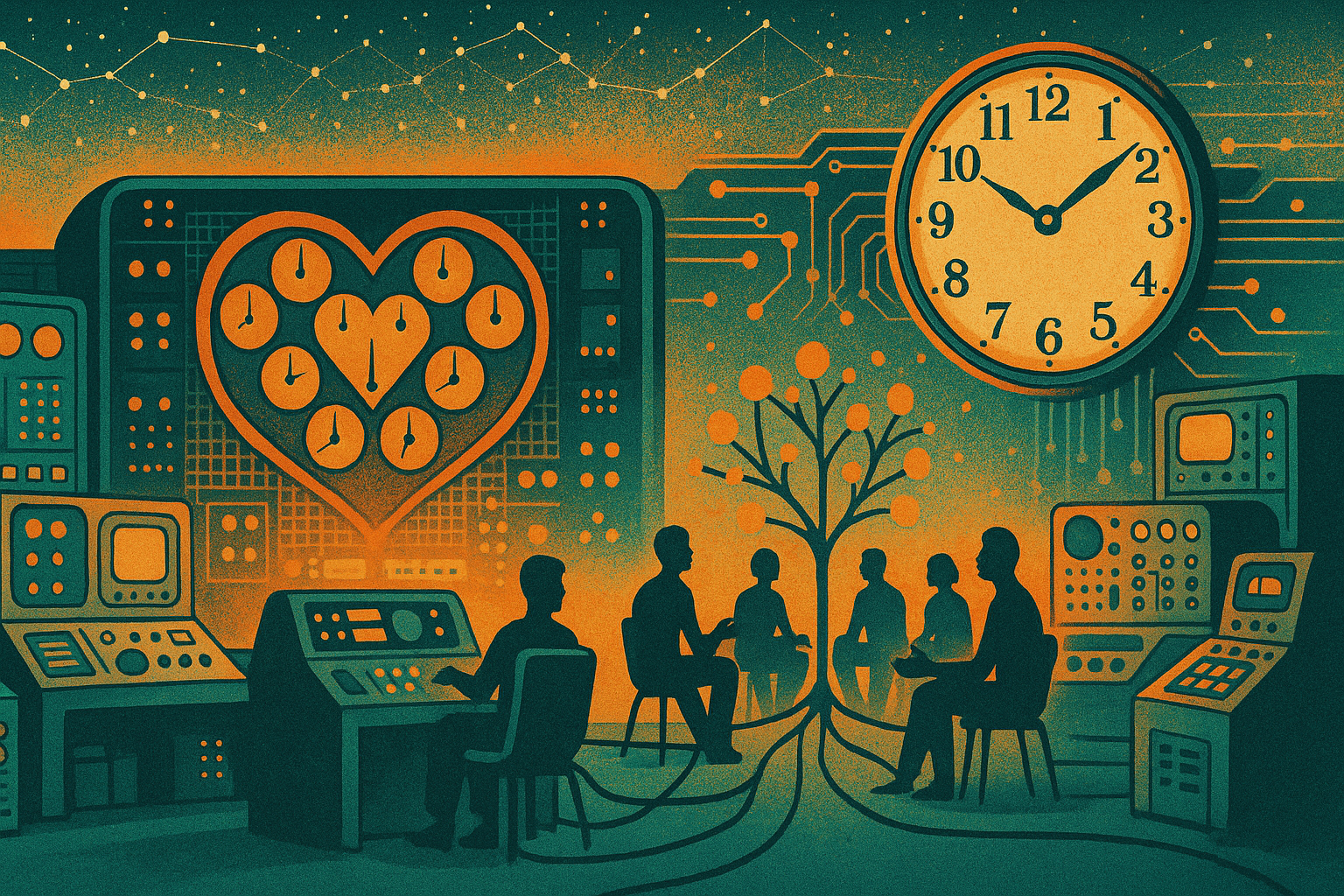 Retro 1970s sci-fi scene: people in a circle linked to a glowing tree amid analog consoles and clocks, symbolising time, care, and humane learning within technological infrastructure.
