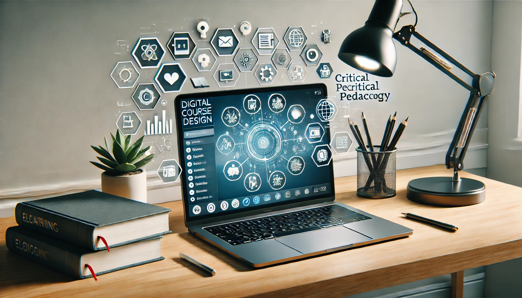 A modern digital learning workspace with a laptop displaying an online course interface, floating eLearning icons, and books on pedagogy and technology-enhanced learning on a wooden desk.
